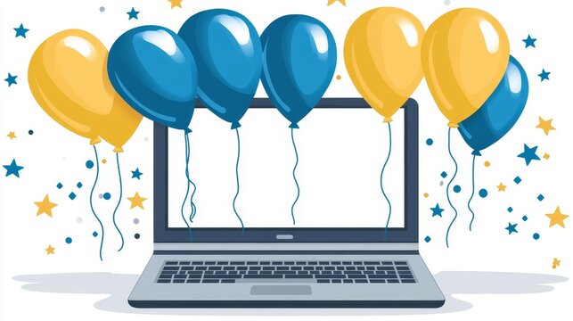 Laptop adorned with blue and yellow balloons, celebrating a digital event