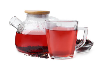 Tasty hibiscus tea in glass cup and teapot isolated on white