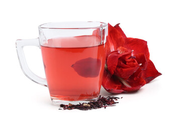 Tasty hibiscus tea in glass cup and flower isolated on white