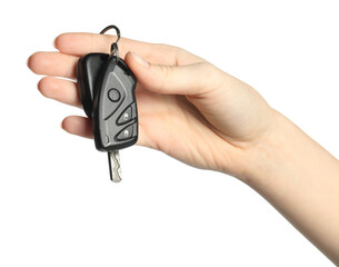 Woman with car keys on white background, closeup
