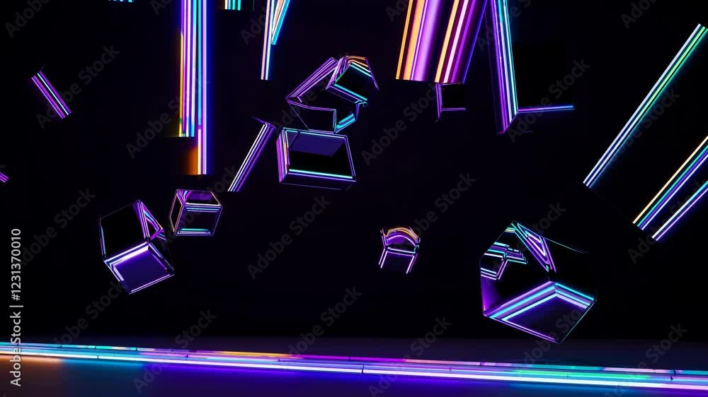Poster a minimal composition of floating geometric shapes showcasing reflective metallic planes, illuminate