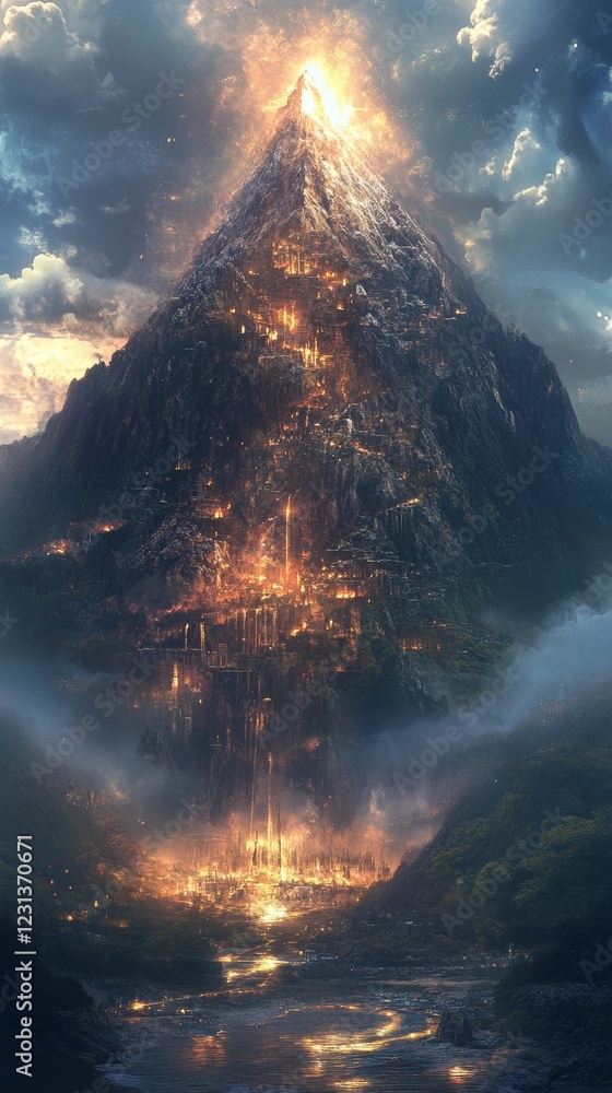 Poster a mountain with a large building on top of it. the building is lit up with fire. the mountain is sur