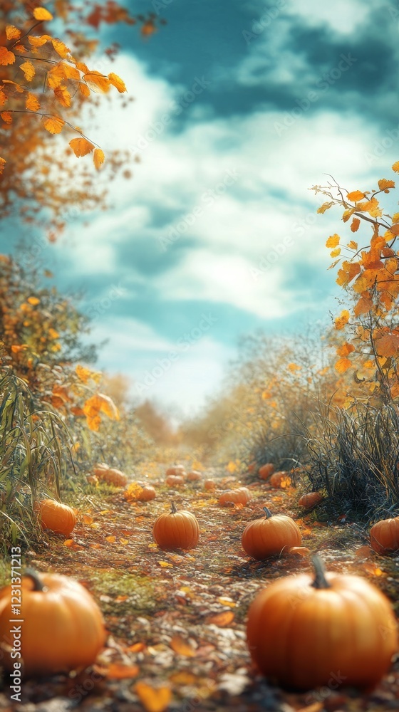 Poster a path with a row of pumpkins on it