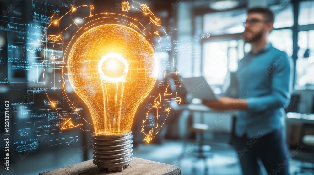 Poster glowing lightbulb symbolizing innovation and technological breakthrough in a modern office setting