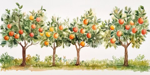 Beautiful watercolor painting of an apple orchard with trees full of ripe apples and lush green leaves.