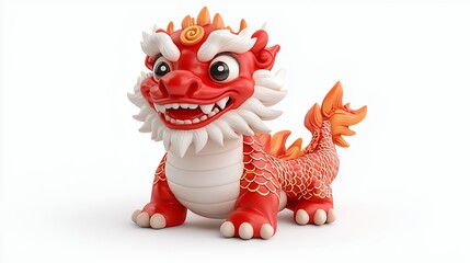Playful Red and White Dragon Figurine A Cute 3D Rendered Design