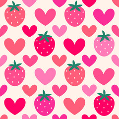 Cute hand drawn strawberry and heart seamless pattern design for Valentine's Day background.