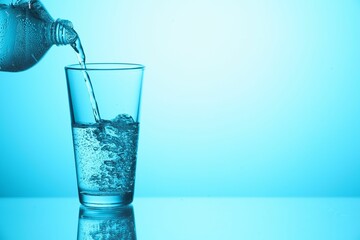 Pouring soda water from bottle into glass on light blue background, closeup. Space for text