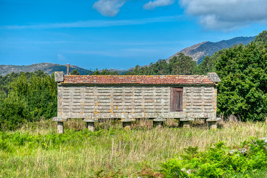 Horreos in Louredo in the municipality of Carnota, in the province of La Coru&ntilde;a.Galicia, Spain
