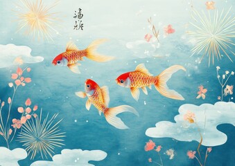 Fototapeta premium Fireworks and Goldfish Summer Festival Poster
