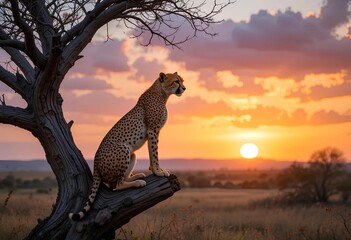 Obraz premium A cheetah is on a tree branch and looking during sunset
