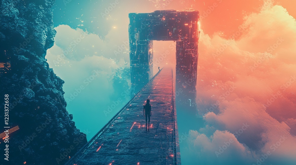 Poster a lone figure walks on a futuristic pathway towards a glowing portal surrounded by vibrant clouds, c