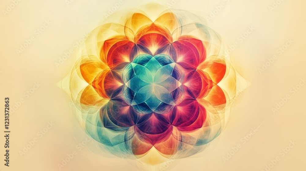Poster a colorful abstract mandala with intricate geometric patterns, showcasing vibrant symmetry on a gent