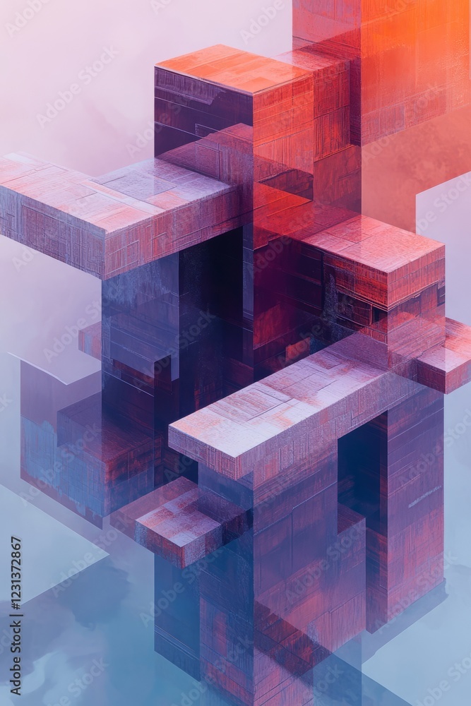 Poster a striking abstract image featuring geometric shapes with vibrant colors and reflections, creating a
