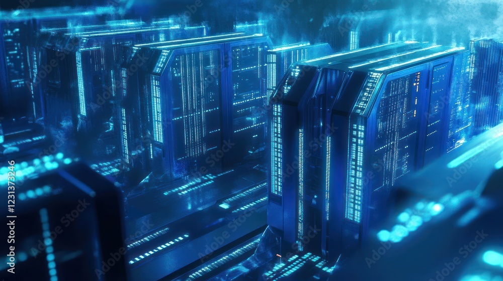 Aufkleber Futuristic Data Center with Translucent Server Racks and Ambient Light in Cyberpunk Style
