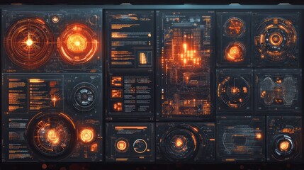 Futuristic HUD interface control panel; orange glow, data streams, background screens