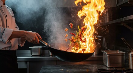 Fiery Wok Cooking Action Shot Delicious Food Photo