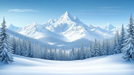 Majestic snow-capped mountain range dominates a serene winter landscape