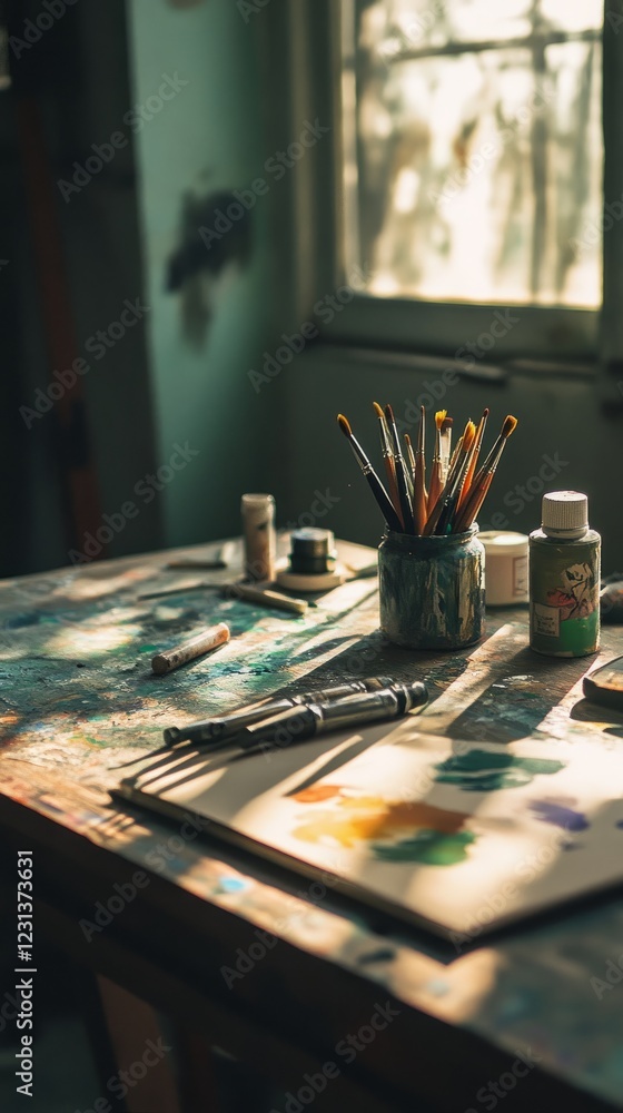 Poster a table with a jar of paint and a bunch of paintbrushes. the paintbrushes are arranged in a row, wit