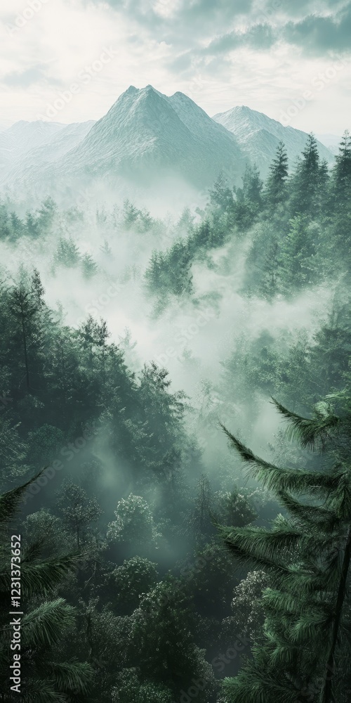 Poster a breathtaking view of a misty forest with towering mountains in the background, creating a serene a