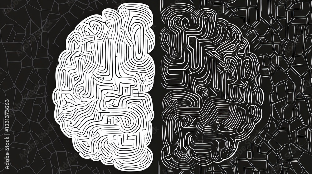 Poster a brain with a maze on it. the maze is on the right side of the brain. the brain is split in half