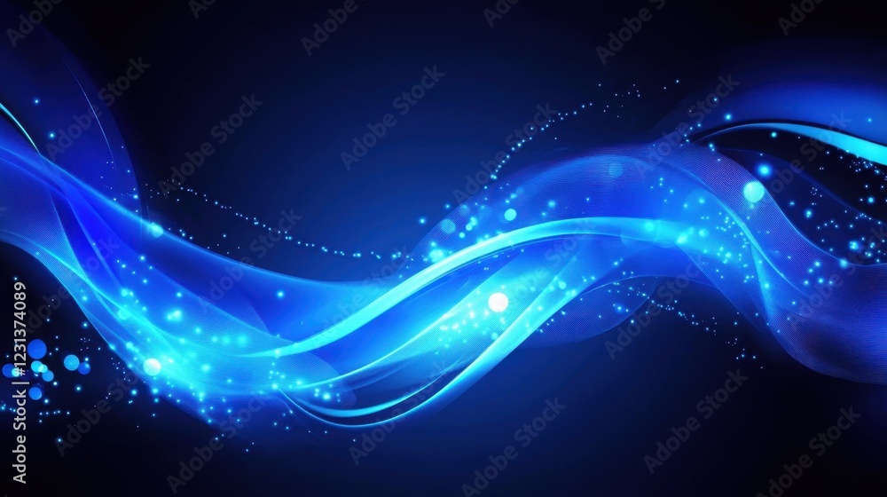 Poster vibrant blue abstract artwork with flowing patterns and luminous effects in a dark background