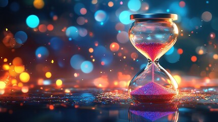 Hourglass, sand, falling, bokeh, night, time, concept, dark, background, abstract