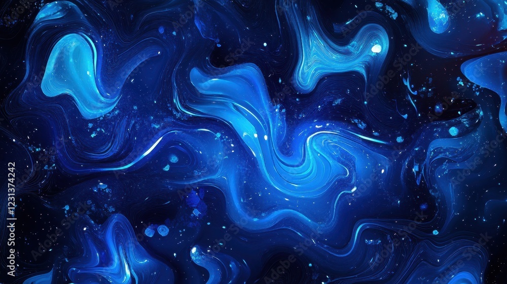 Poster vibrant blue abstract artwork with flowing patterns and luminous effects in a dark background