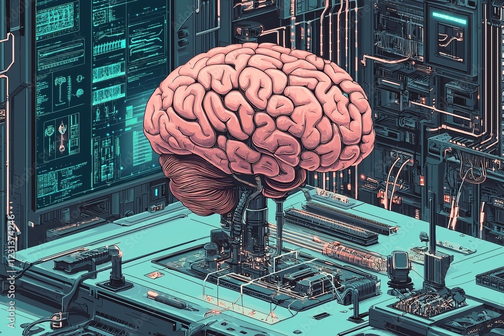 Poster a detailed illustration of a brain connected to a circuit board, showcasing advanced technology and 
