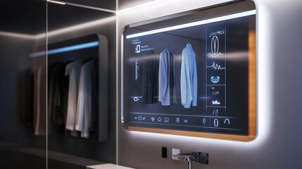 Fototapeta premium Futuristic Smart Mirror with Health Stats, Real-Time Weather Updates, and Virtual Outfit Try-Ons for a Connected Lifestyle