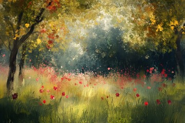Fototapeta premium Autumn Meadow Painting with Vibrant Colors