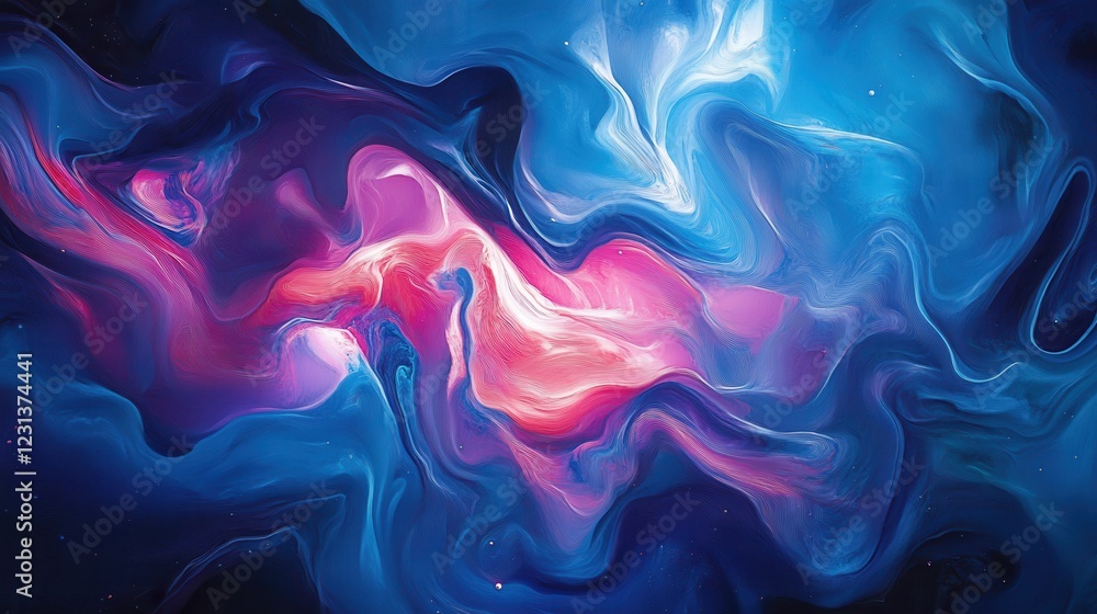 Poster vibrant blue abstract artwork with flowing patterns and luminous effects in a dark background