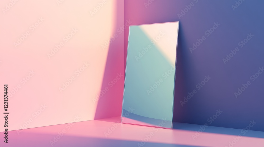 Poster a mirror is on a wall in a room. the mirror is rectangular and is reflecting the light