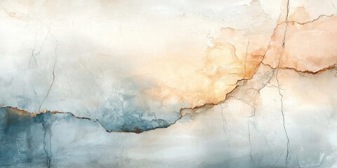 Naklejka premium A serene abstract watercolor background featuring soft hues of blue, orange, and white with subtle texture and cracks.