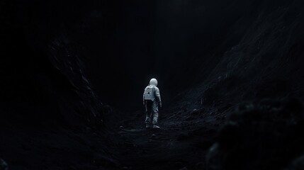 Obraz premium Surrounded by the bleak and ominous terrain of the dark moon, a lone astronaut watches in wonder as a spectral form rises from the shadows of an abandoned and barren lunar outpost