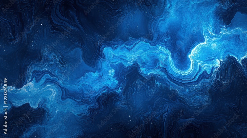 Poster vibrant blue abstract artwork with flowing patterns and luminous effects in a dark background