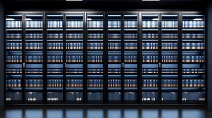 Data storage cabinets in a dark room, server usage