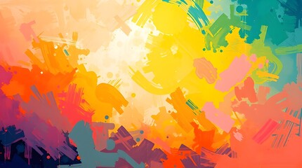 Obraz premium A vibrant explosion of colors combines shades of yellow, orange, pink, and blue in an abstract composition. Brushstrokes overlap, creating dynamic movement and energy. 