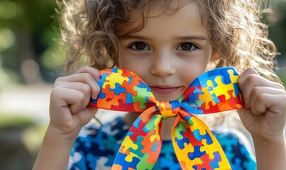 Kid with ribbon for World Autism Spectrum Disorder Awareness Day typically features a colorful puzzle pattern, symbolizing the complexity and diversity of individuals on the autism