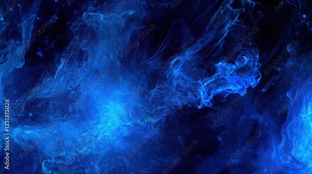 Poster vibrant blue abstract artwork with flowing patterns and luminous effects in a dark background