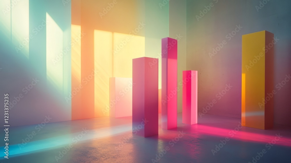 Poster vibrant abstract scene featuring colorful geometric shapes illuminated by soft light reflections, cr