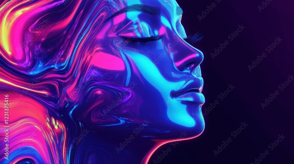 Poster vibrant blue abstract artwork with flowing patterns and luminous effects in a dark background