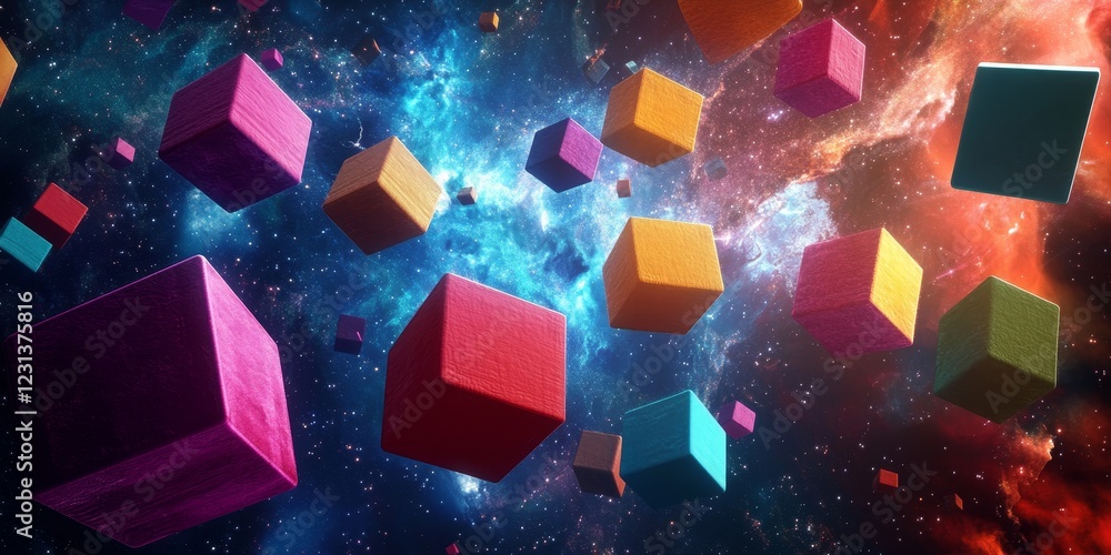 Poster a stunning abstract artwork featuring colorful cubes floating in a cosmic space enriched with vibran