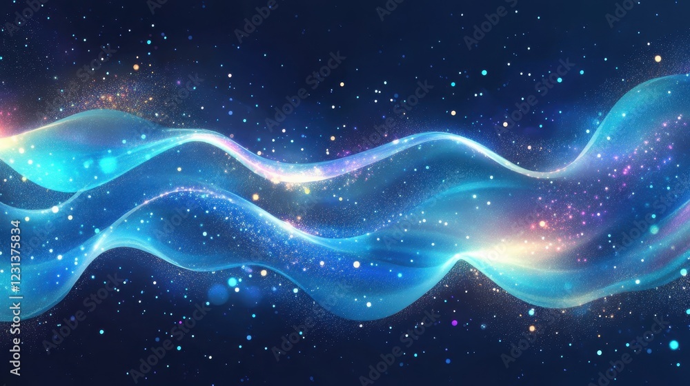 Poster vibrant blue abstract artwork with flowing patterns and luminous effects in a dark background