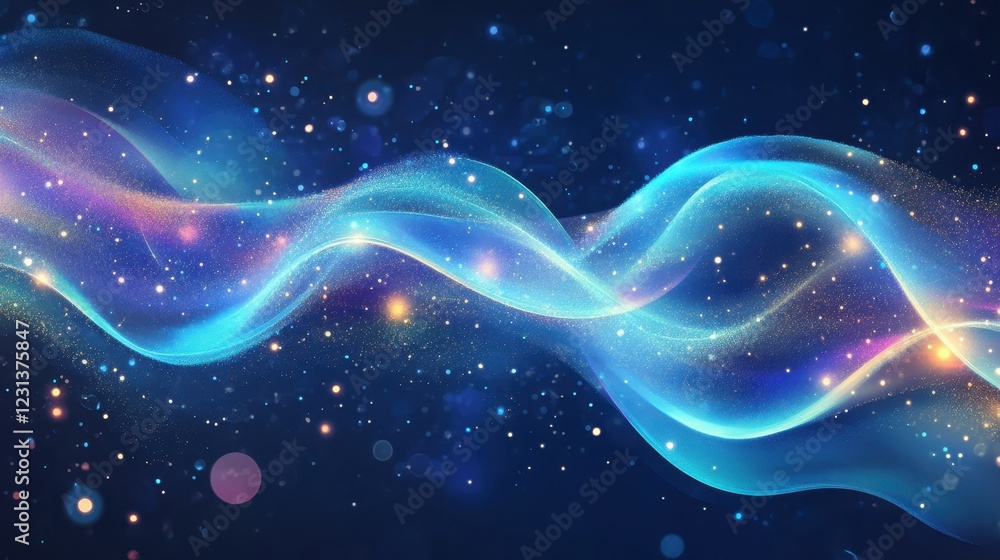 Poster vibrant blue abstract artwork with flowing patterns and luminous effects in a dark background