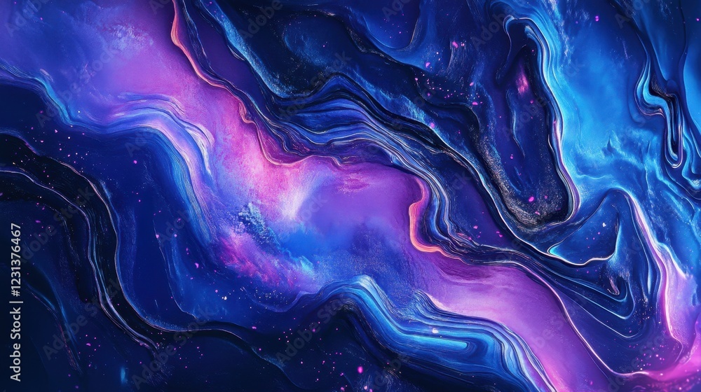 Poster vibrant blue abstract artwork with flowing patterns and luminous effects in a dark background