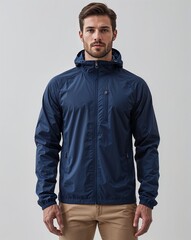 Navy blue lightweight zip up windbreaker display on plain white background