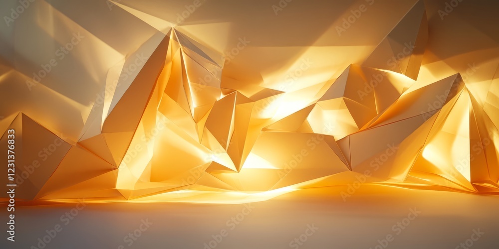Poster abstract geometric shapes in warm golden tones with dynamic light reflections, creating a futuristic