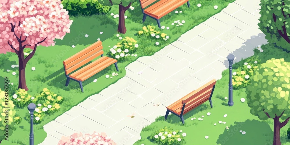 Aufkleber spring park isometric view with benches and trees