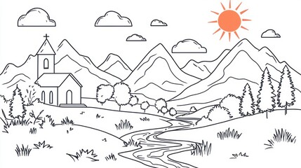 Obraz premium Sunny church valley landscape illustration